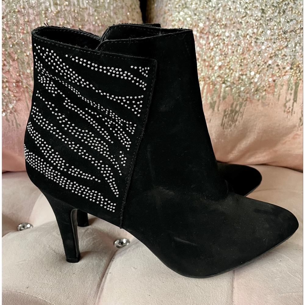 New Rhinestones Studded Black Suede Like Boots Booties Heels 11